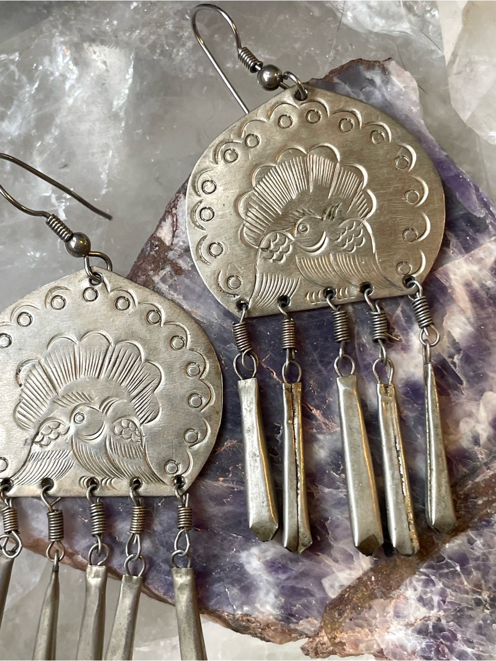 Vintage 70βs Handmade Silver-Tone Boho Peacock Dangle Earrings - Picture 6 of 6